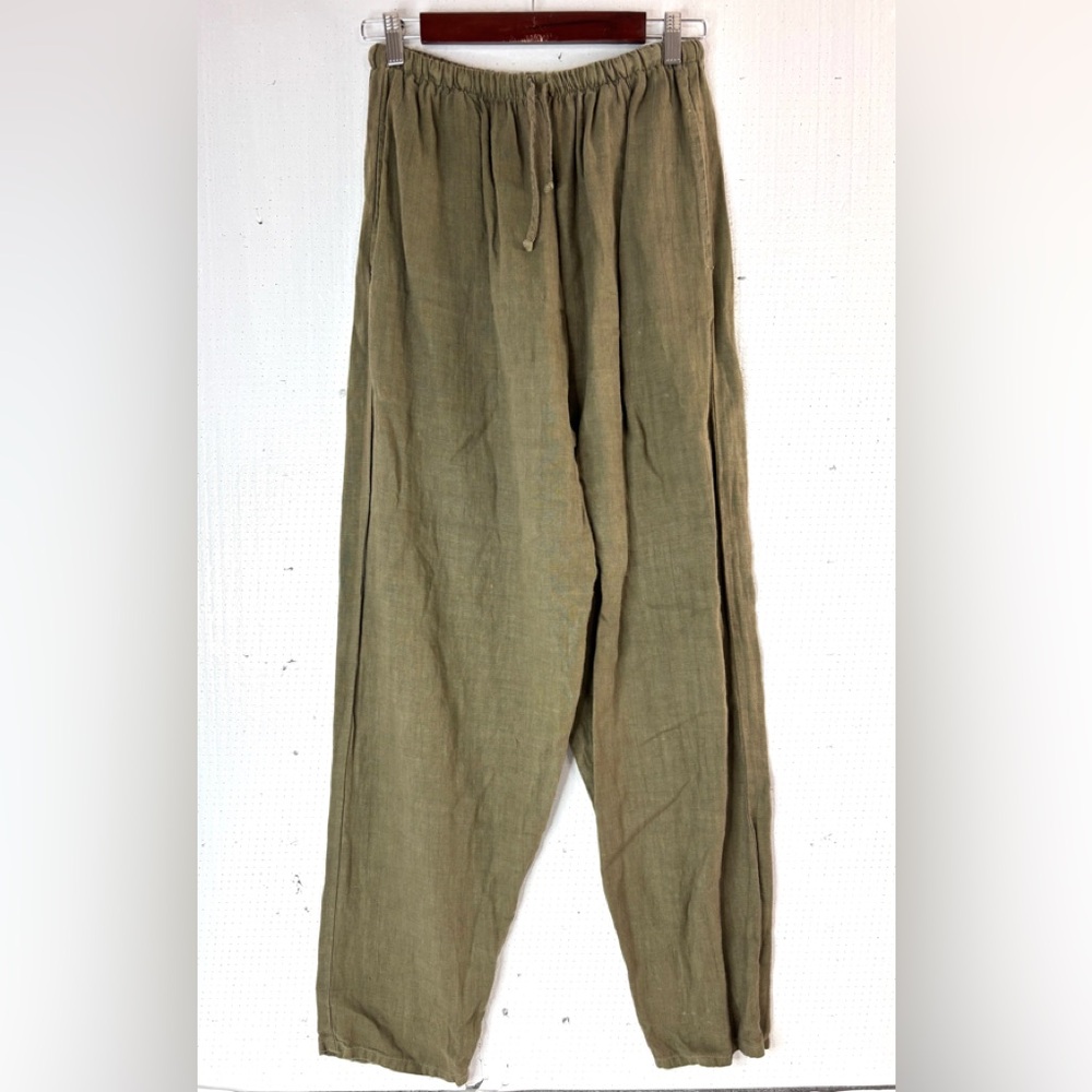 a la mode M/L Linen Straight Leg Pull-On Loose-Fit Pants in Olive